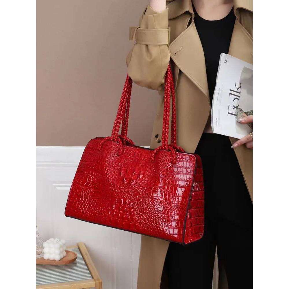 Genuine Leather Women's Red Crocodile Pattern Ladies Handbags Tote Bag Fashion Travel Portable Shoulder Underarm Bags