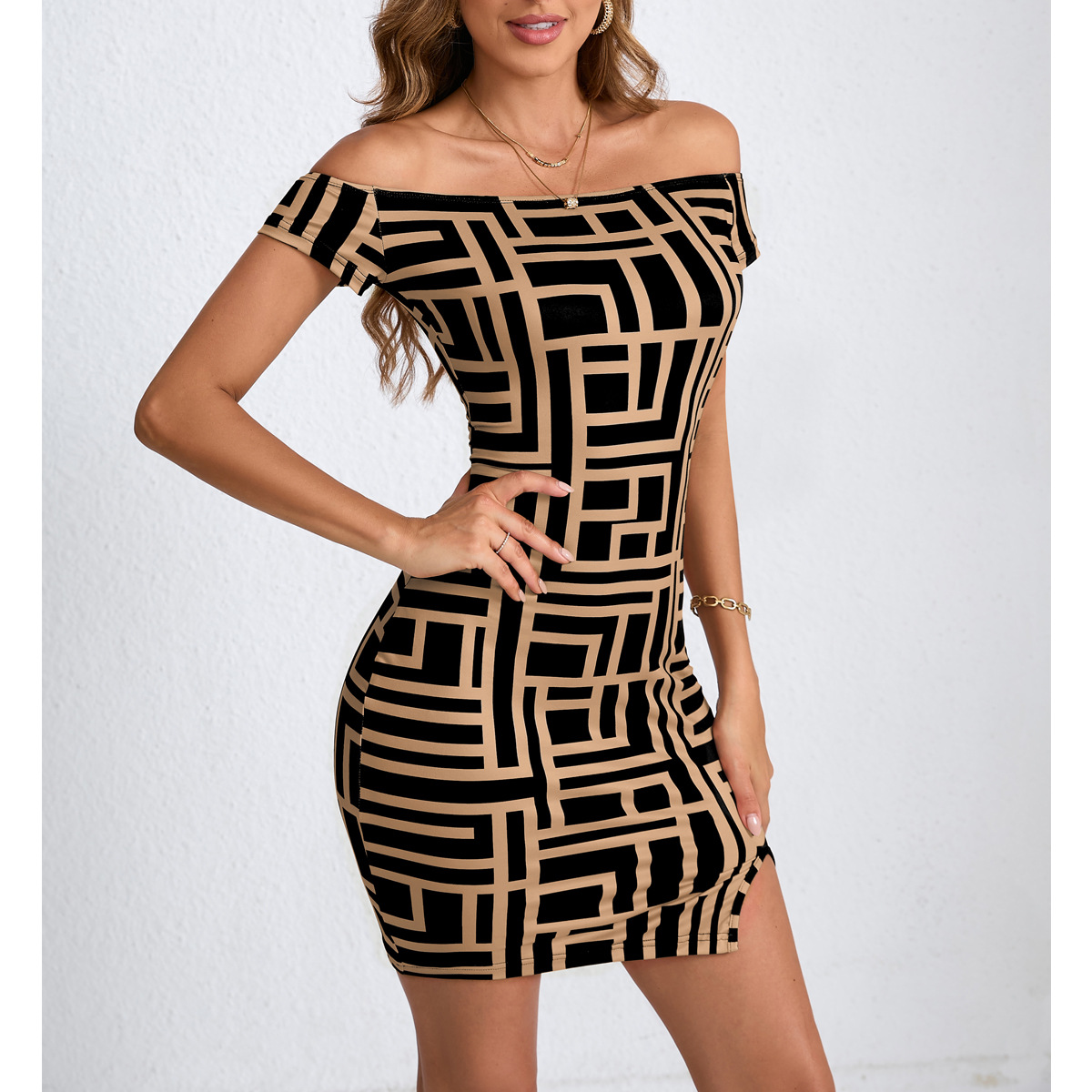Women's European and American Fashion Bag Hip Slimming Printed One Shoulder Sexy Dress