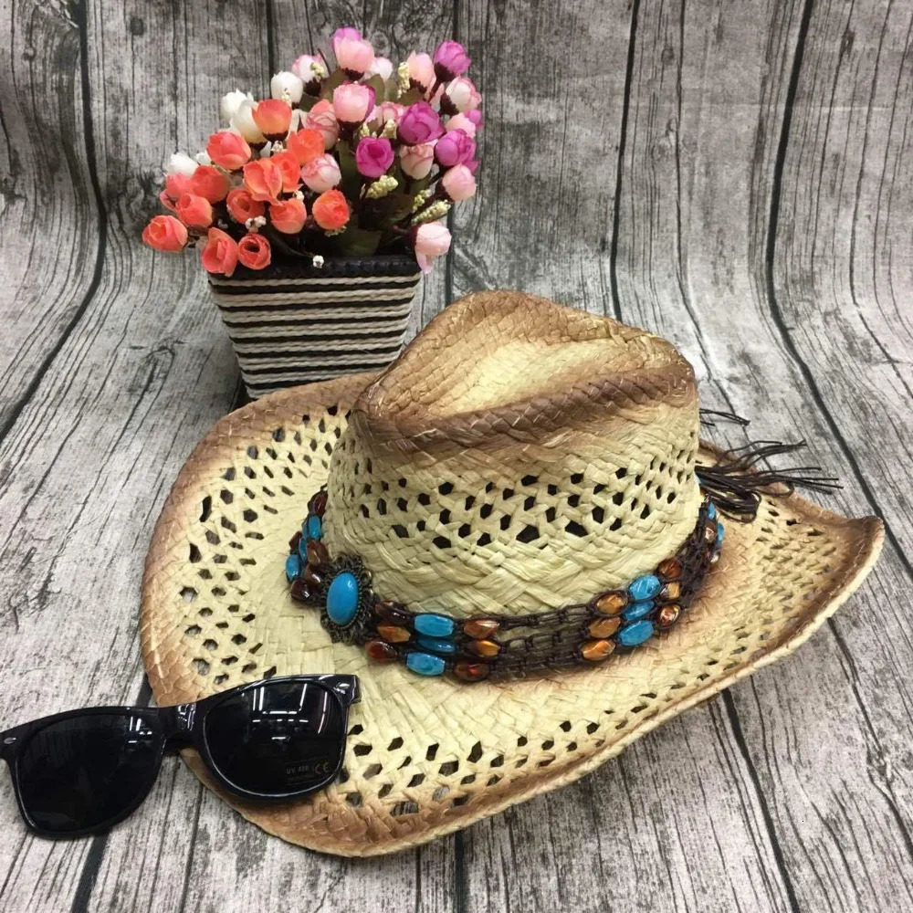 Summer Men Handmake Raffia Hollow Cowboy Hat With Punk Rope Women Western Wide Curling Brim Cap Sun Protection Unisex Hats 250526