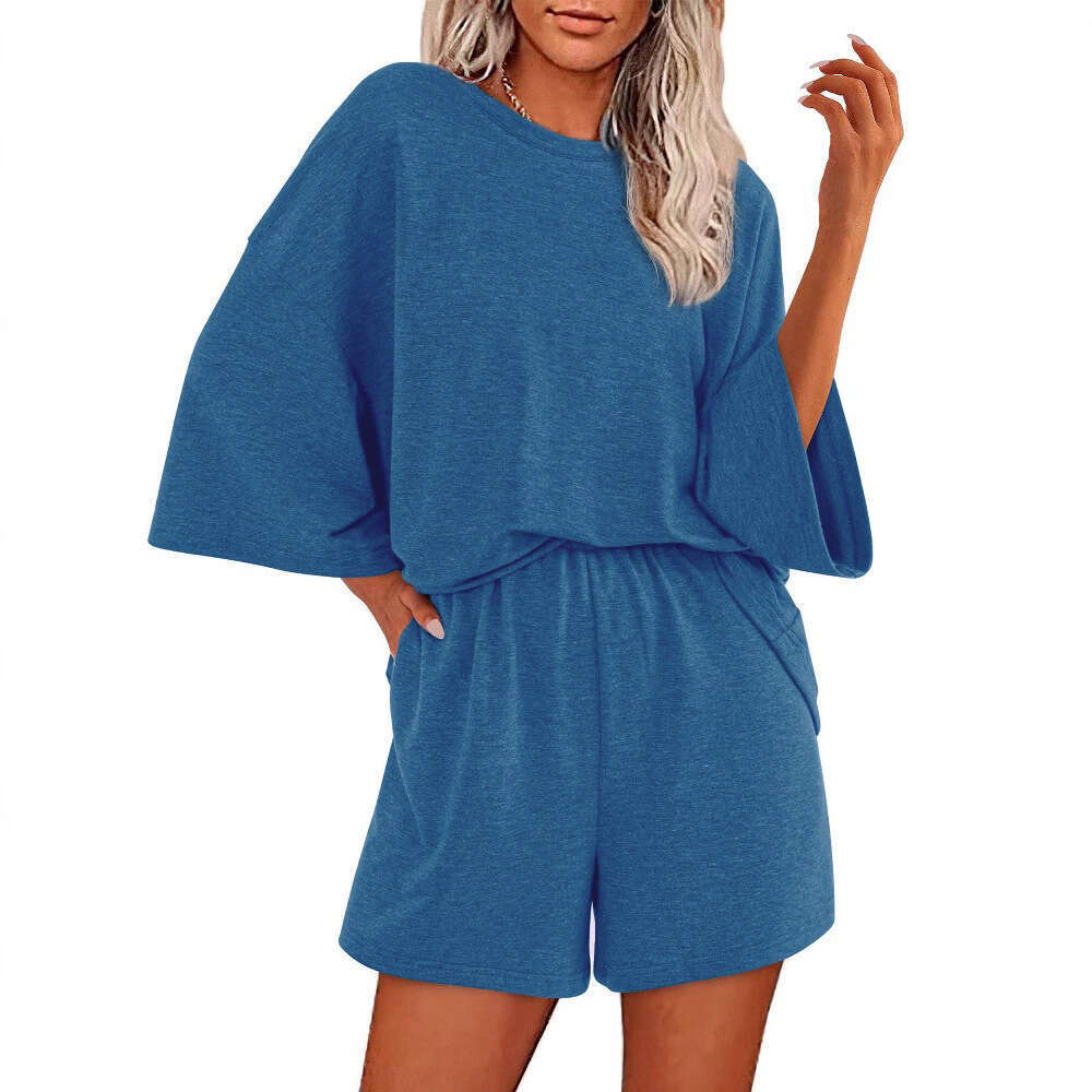 2025 Casual Women's Summer Solid Color Round Neck Short Sleeve Top Elastic Shorts Two-Piece Set for Women