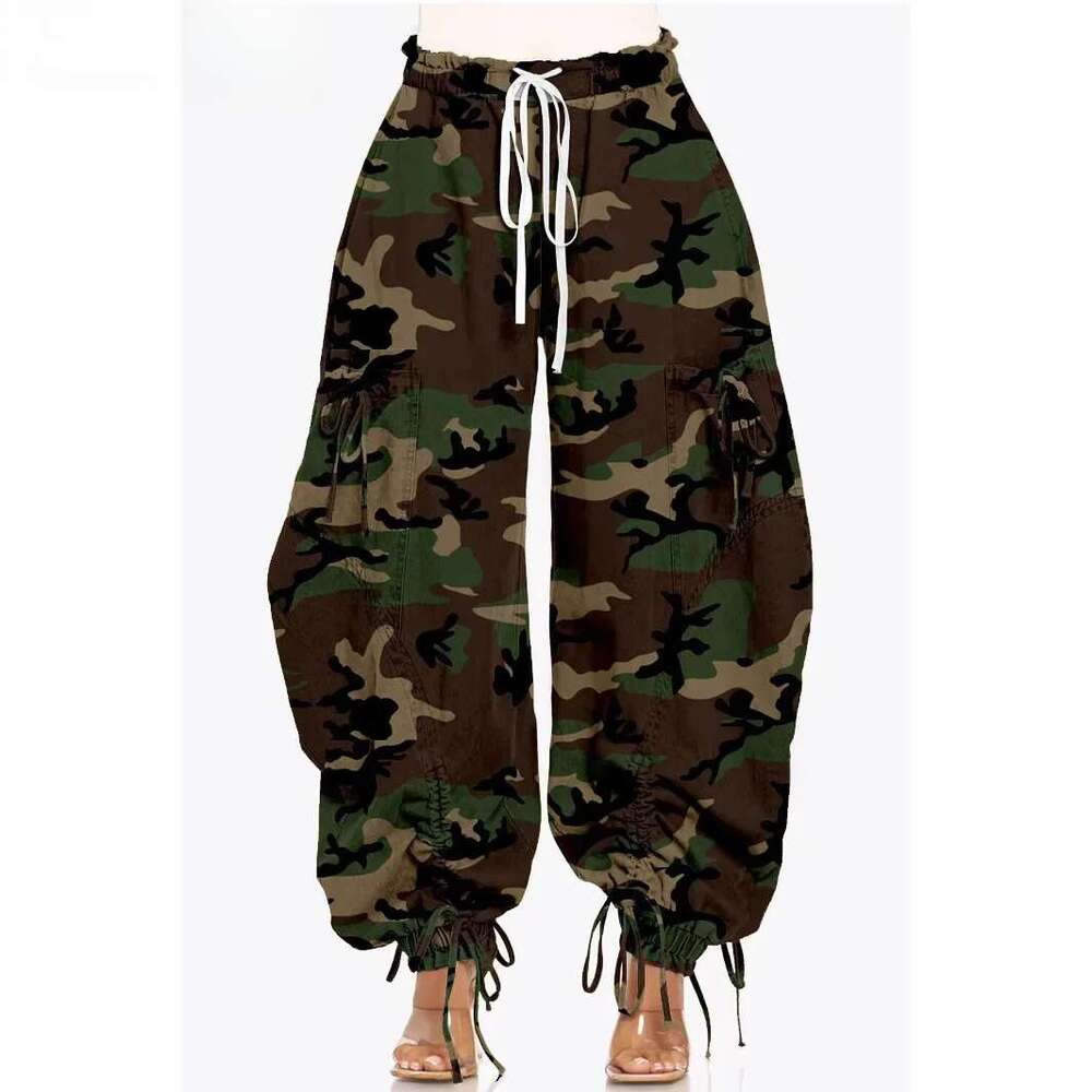 Women Streetwear Drawstring Fashion Pants 2024 Autumn Winter Camouflage Print Loose Safari Cargo Harem Hip Hop Trousers