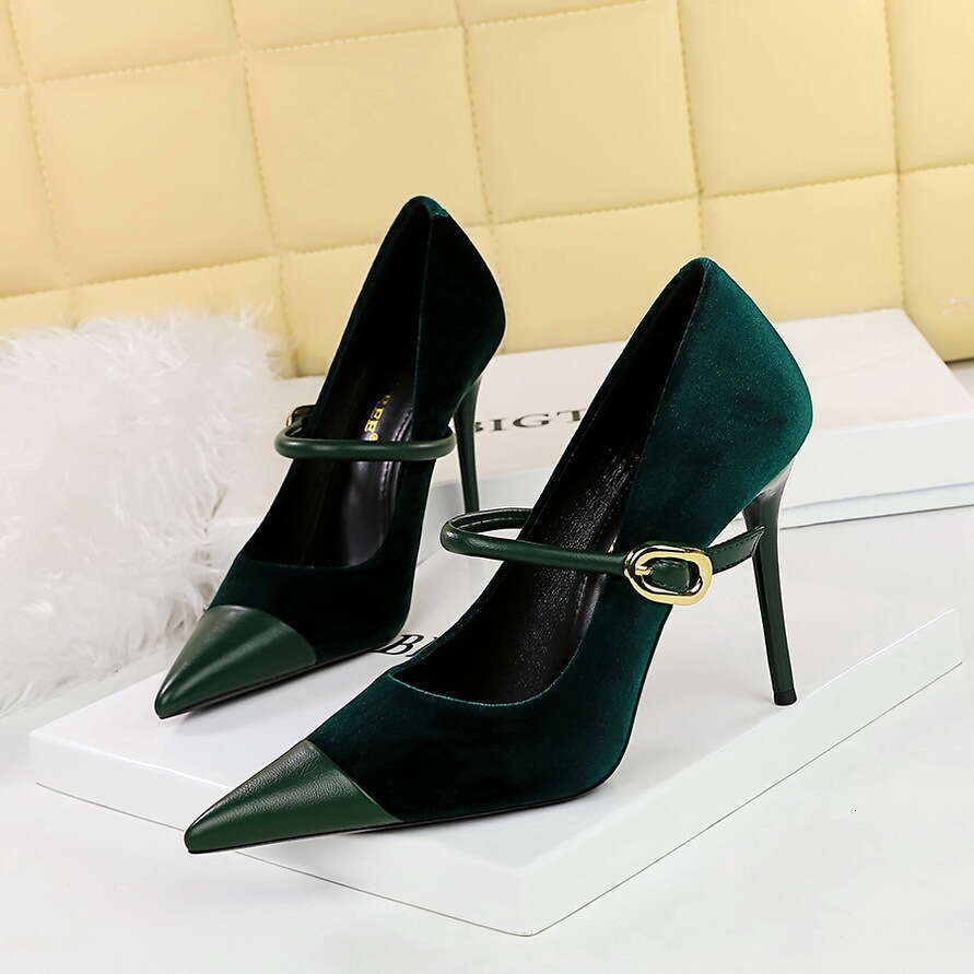 Banquet high-heeled suede pointed metal buckle single strap single shoe fashionable high-end women's high-heeled sandals