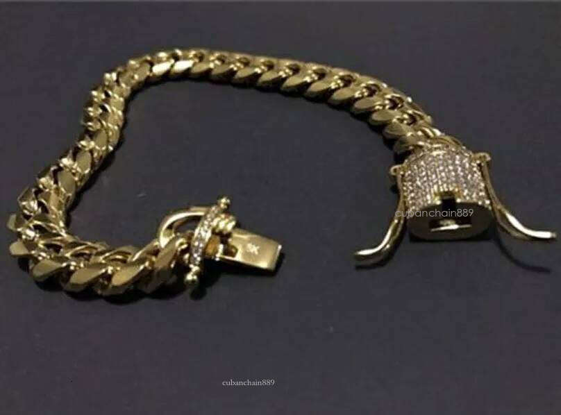 Moissanite Mens Gold Tone 316L Stainless Steel Necklace Cuban Link Chain with Dias Clasp Lock