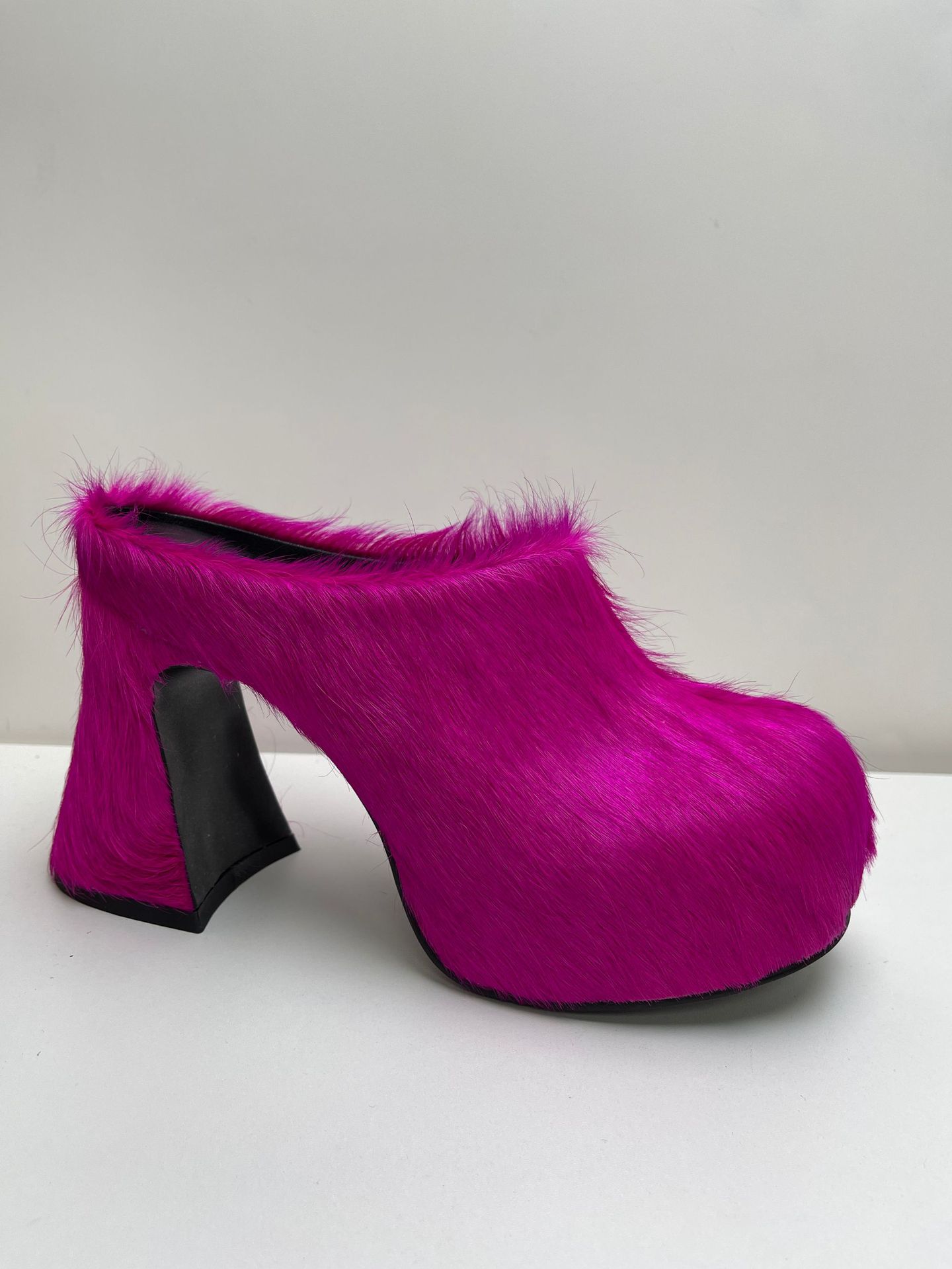 Rose Red Round Toe Horse Hair Hoof Heel Slippers Thick Bottom High Heel Platform Trendy Women's Shoes Spring Mules Large Size