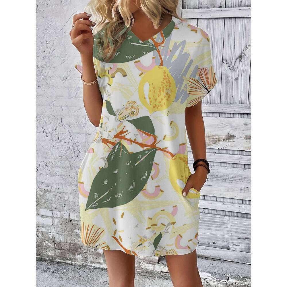 2025 New Printed Women's Fashion Casual Short Sleeve V-neck Pocket Dress for Women