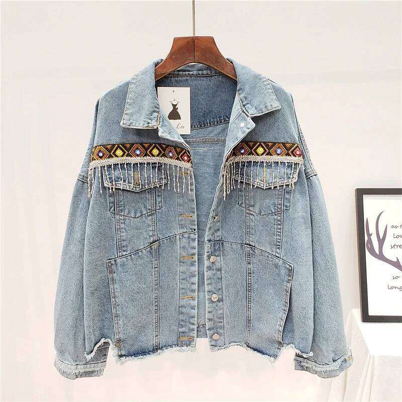 Spring Loose Vintage Ethnic Embroidery Tassel Jeans 2025 New Women Frayed Blue Denim Jacket Long Sleeve Casual Outerwear