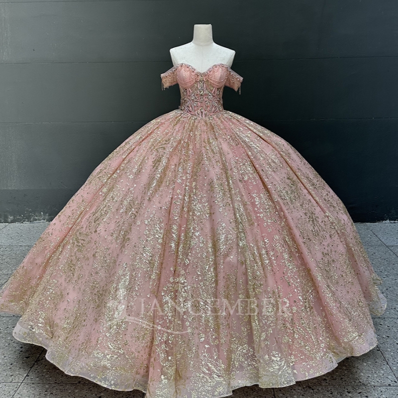Pink Quinceanera Dresses Ball Gown Off The Shoulder Gold Applique Lace Beading Tull Party Birthday Sweet 16 Dress Vestidos 15 Anos