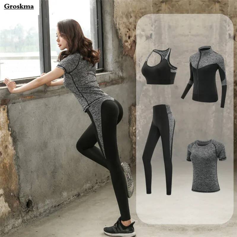 Quick dry women sportswear set fiess gym yoga clothing suit sets coat+bra+t shirt+leggings 2019 workout running training