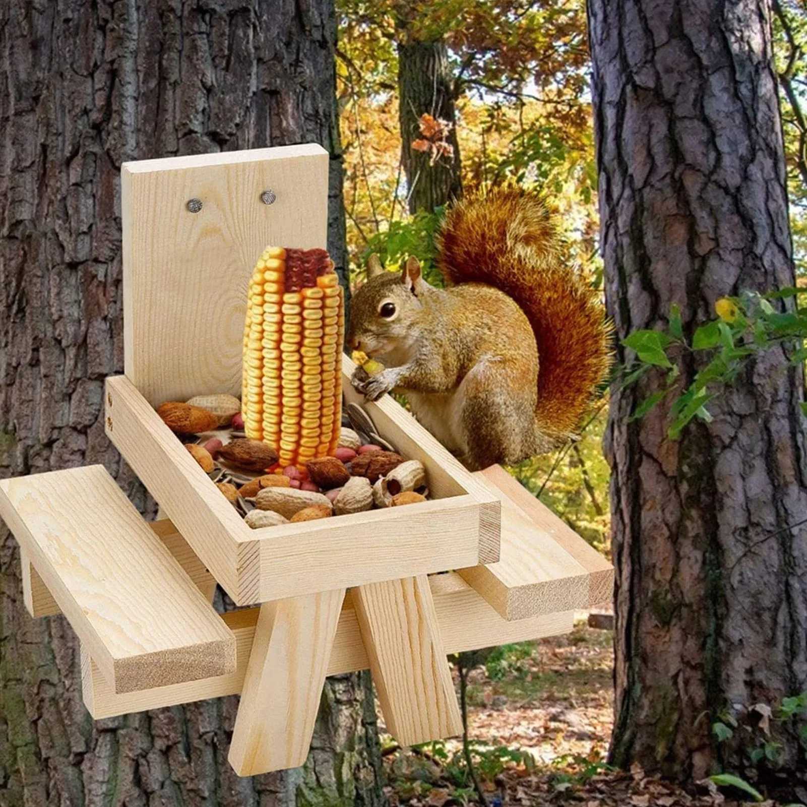 Squirrel Picnic Feeders For Outside Natural Squirrel Bench Feeding Table With Corn Cobs Holder For Backyard Garden C250527