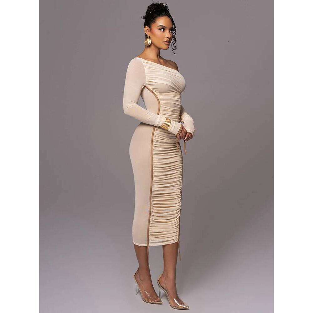Mozision Diagonal Collar Sleeve Midi For Women Two Layer Mesh Backless Ruched Bodycon Club Party Sexy Long Dress