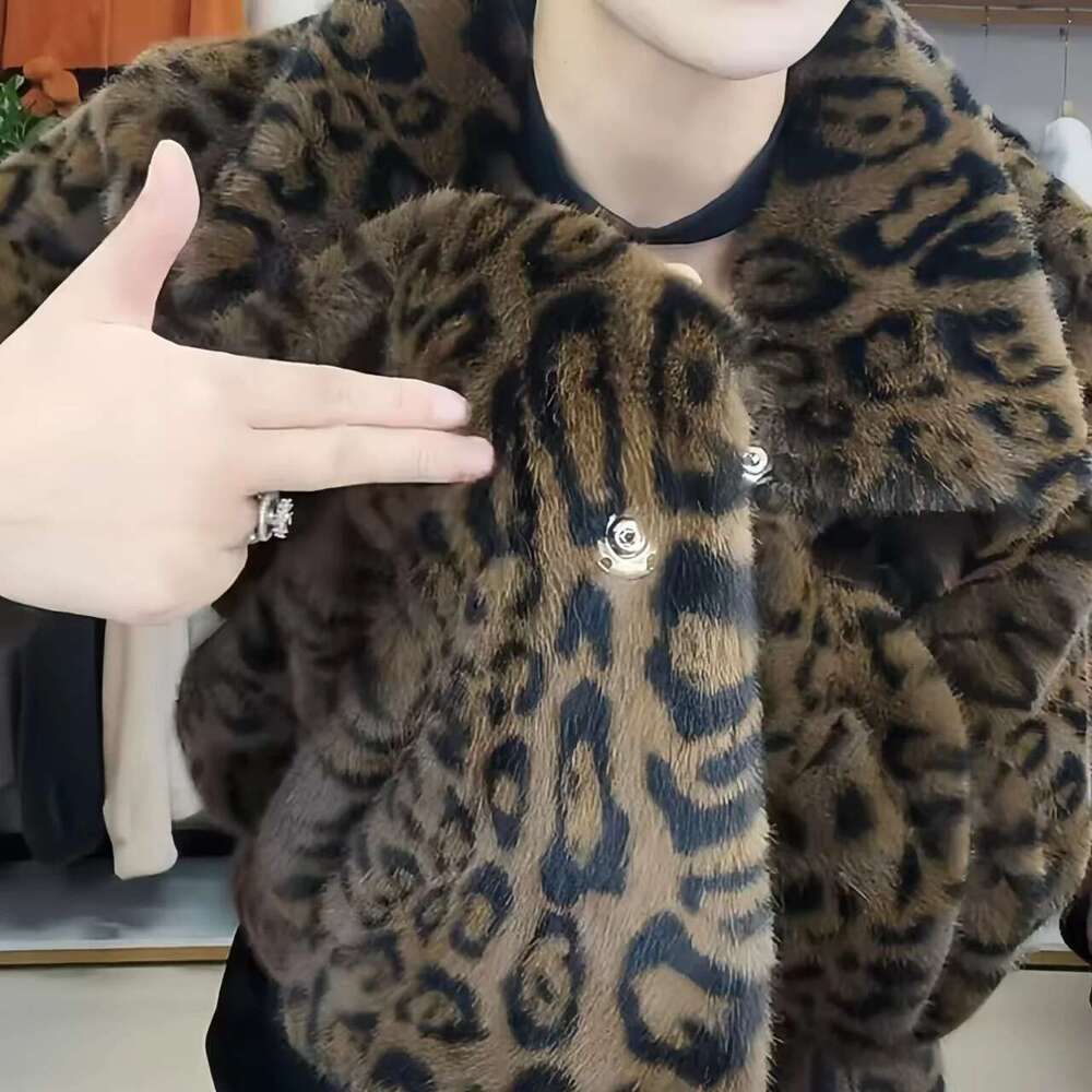 Faux Mink Fur Coat for Women, Single Breasted Jacket,Leopard Print Overcoat,Female Tops, Designer Clothes New, Winte,2024