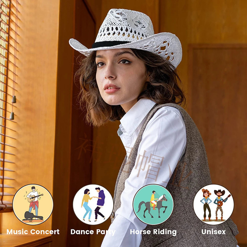 Western Crochet Cowboy Straw Hats for Women Men Solid Color Wide Brim Beach Sun Hat Handmade Hollow Out Cowgirl Cap 250526
