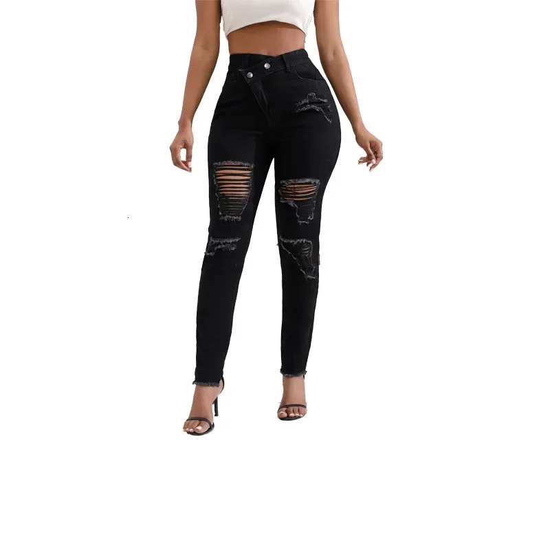 Women Jeans Denim pant High Waist Pencil Pants Holes Slim Fit Pockets Sexy Streetwear Solid Sheath Distressed Ankle Length 2025 250516Z