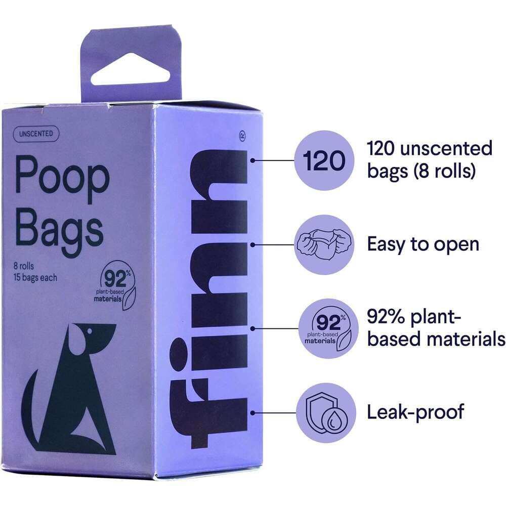 Finn Biobased Poop Bags USDA-Certified BioPreferred Product Made from 92% Plant-Based Materials / 8% PE | Unscented Dog Waste Bags, Set of 120