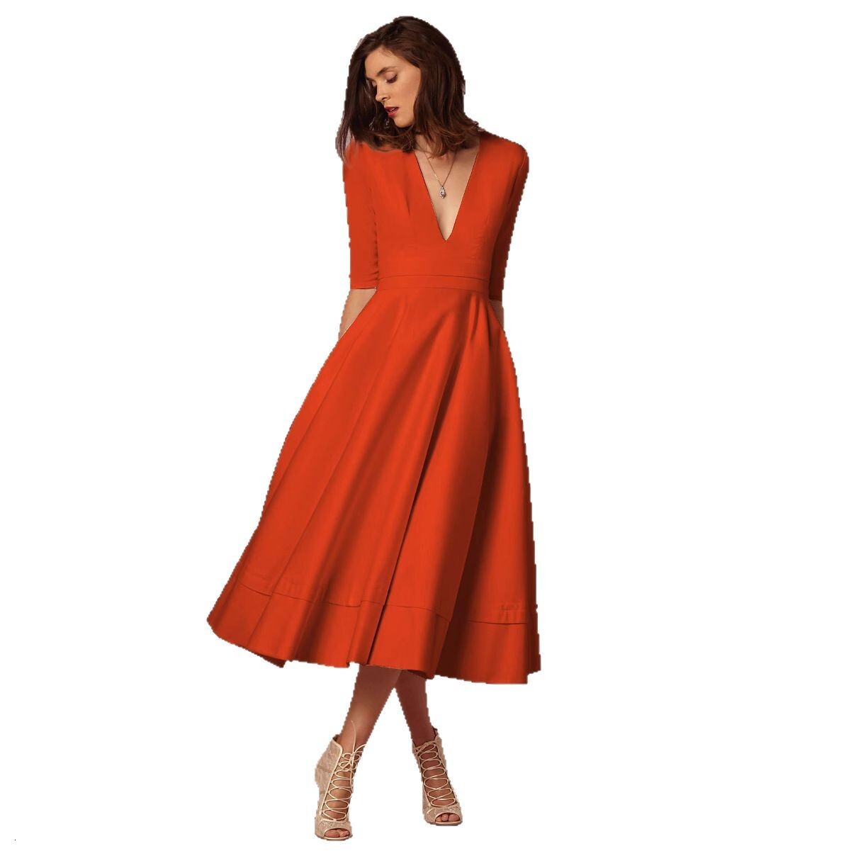 Spring and summer new sexy deep V-sleeve dress mid length dress