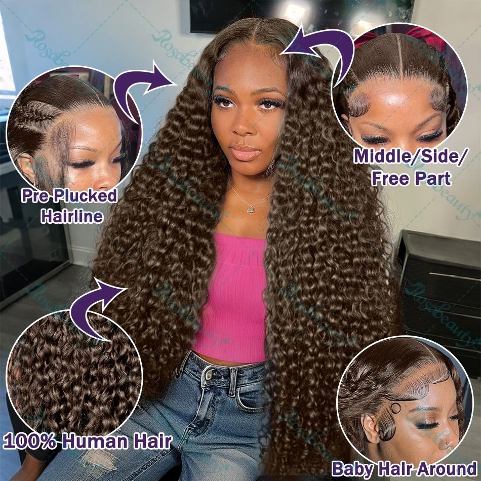 250 Density Chocolate Brown Deep Wave Lace Front Human Hair Wig 34 Inch Color Hd Lace Frontal Wig For Women 13x6 Water Curly synthetic Wigs