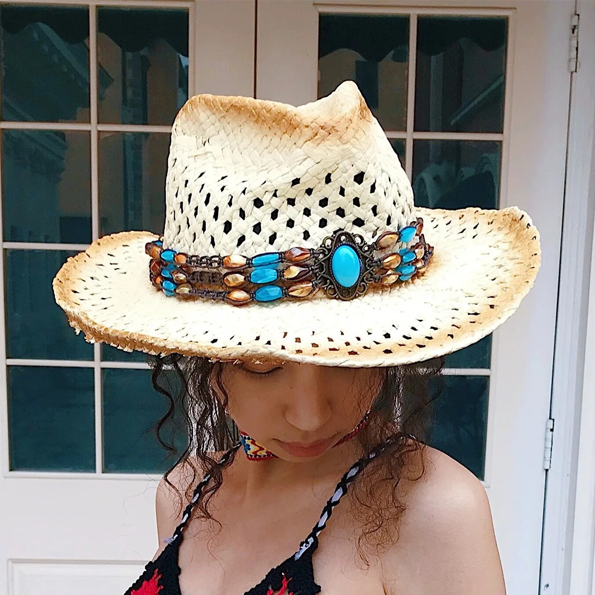 Unisex Exotic Style Retro Bandhnu Travel Cowboy Hats Outdoor Beading Beach Sunshade Niche Straw Caps Versatile Hollow Out 250526