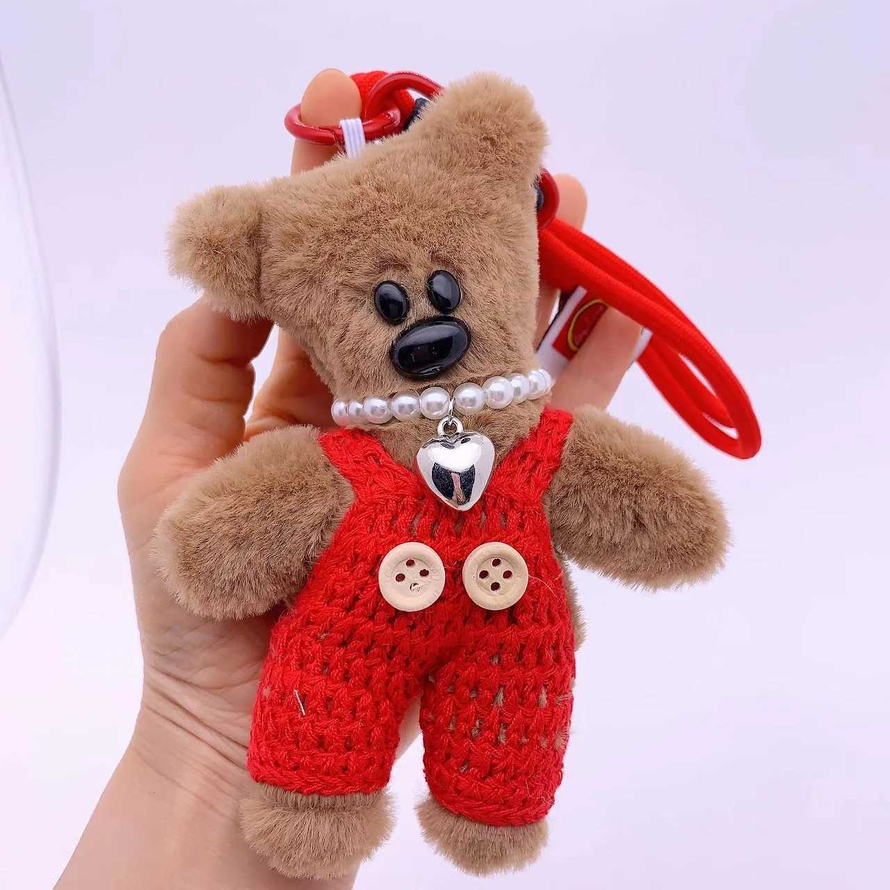 15cm Plush Small Bear Toy DIY Keychains Cute Handmade Knitted Overalls Bear Keychain Animals Pendant Kids Women Bag Accessories W250526