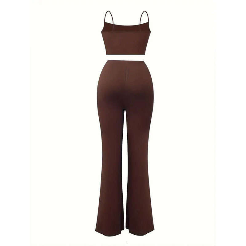 Women's Black Style Sexy Crop Top with Drawstring Front and Flared Pants Two-Piece Set