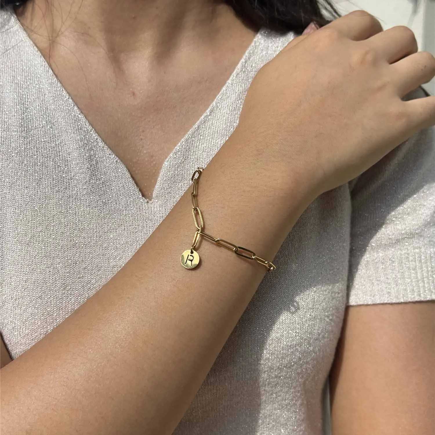 MinaMaMa Stainless Steel Square Chain Initial Letter Charm Bracelet For Women Men Coin 26 Alphabet Bracelet W250526