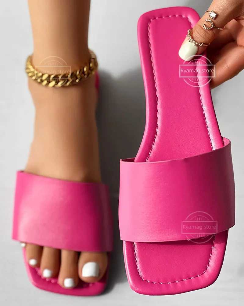 Slippers Women Flats Wide Strap Square Toe Slippers Summer Beach Flip Flops Dress Shoes Outdoor Slingback Sandals FemaleXJ250527