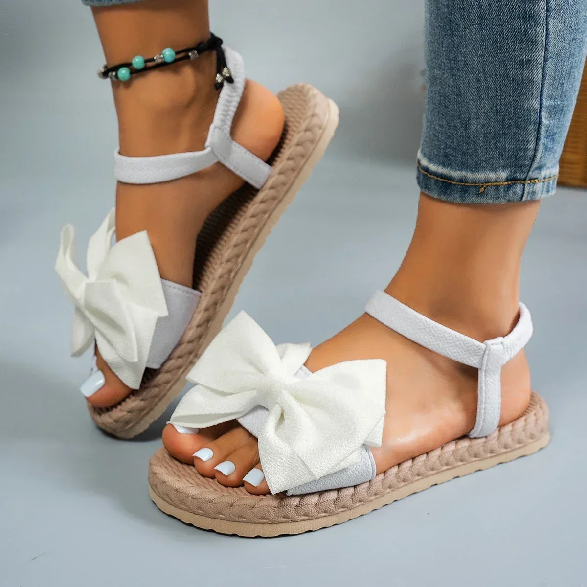 Women Anti-slip Trend Sandals 2025 Summer Lightweight Sandals Fashion Beach Casual Slippers Outdoor Bow Tie Flat Shoes Home 250519