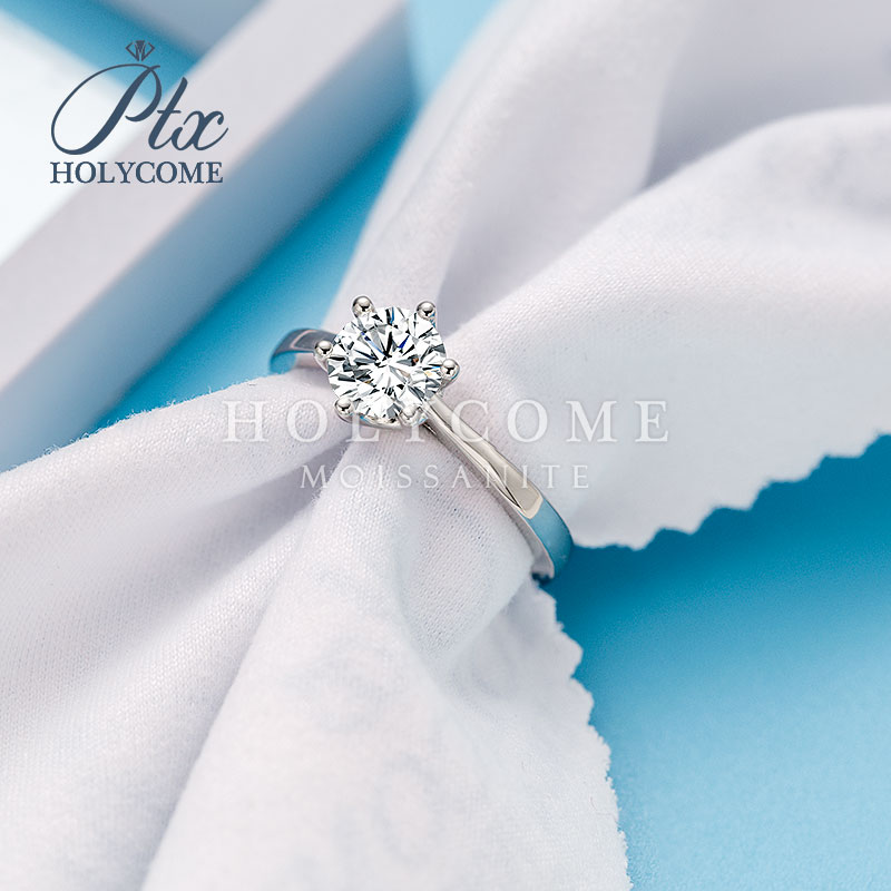 Round Moissanite Band D VVS New Straight Six Claw Design 1ct Single Stone 925 Silver with Diamond Women Luxury Wedding Moissanite Ring