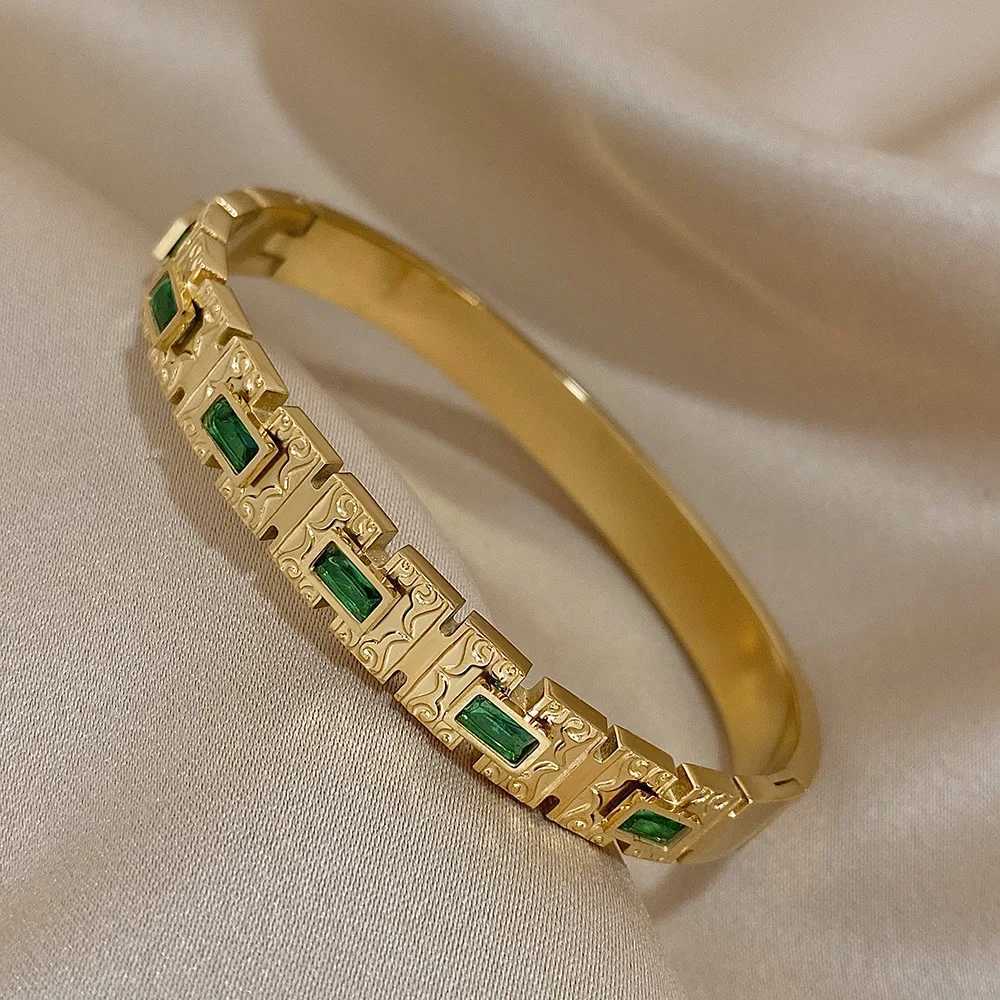 Vintage Palace Geometric Stainless Steel Bangle Bracelet for Women Inlaid Square Green Zircon Cuff Bracelets Jewelry Gifts W250526