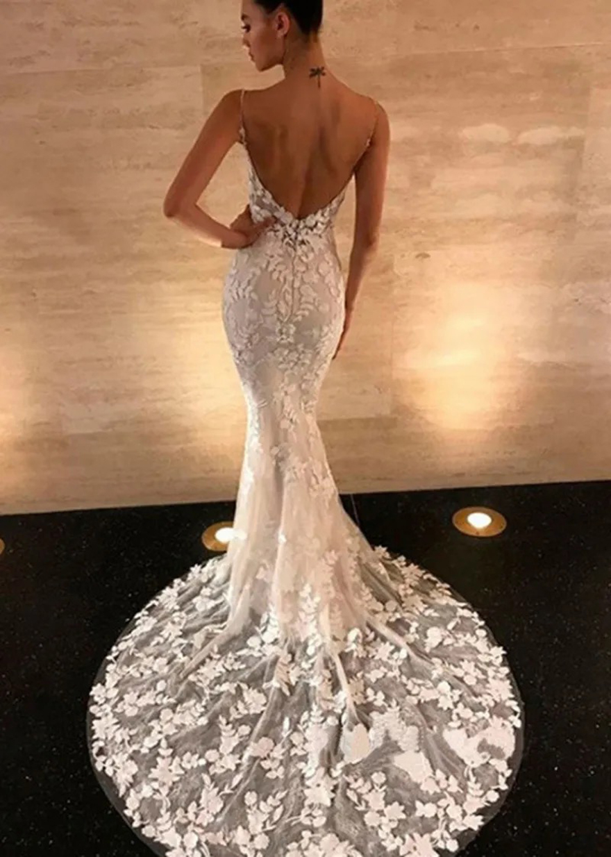 2025 Sexy Mermaid Wedding Dress V-neck Straps wer Lace Appliques Beach Boho Bridal Formal Gowns Sweep Train Vestidos Novias Robe De Mariee
