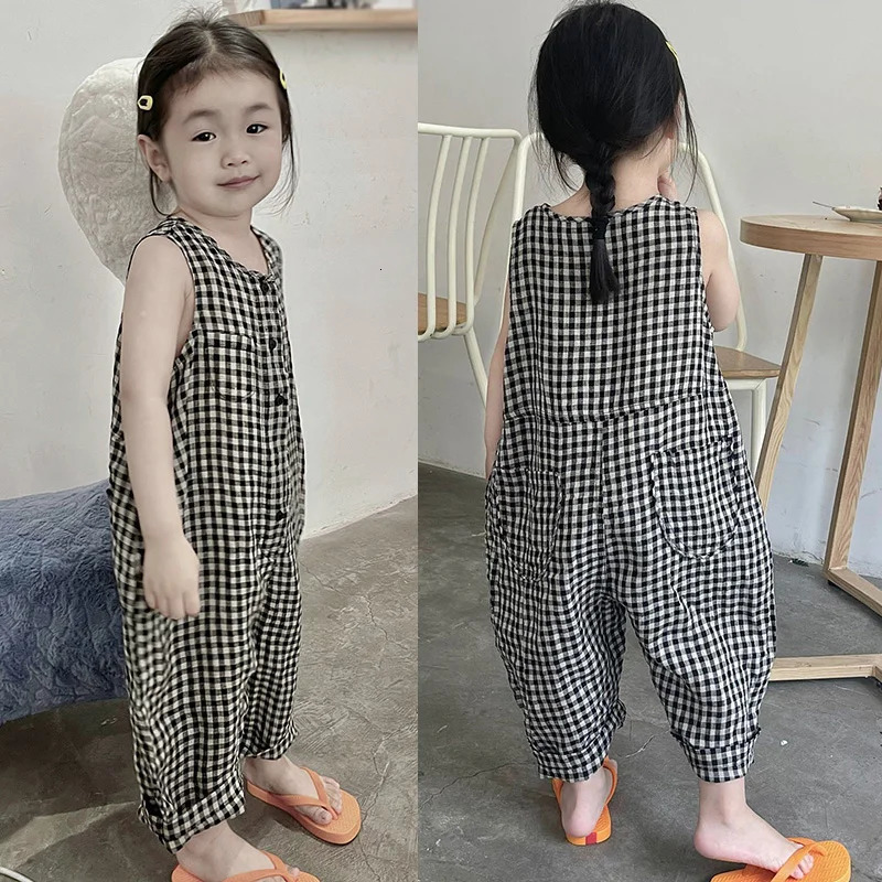 Summer 38T Girls Round Neck Black White Plaid Sleeveless Vest Jumpsuit Casual Loose Romper Wide Leg Pants 250527