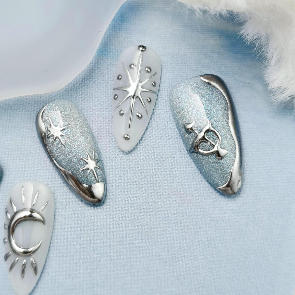 10pcs Handmade Press-on nails Medium Almond Nails Celestial Collection 3D Stars Moon Fake nails Bundle Finished nail stickers Free storage box jelly g