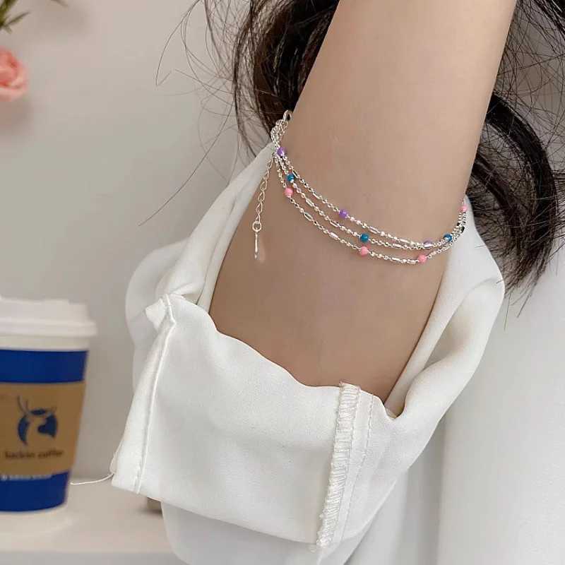 VENTFILLE 925 Sterling Silver Multicolour Bead Bracelet For Women Three Layers Geometry Drip Glaze Versatile Jewelry Dropship W250526