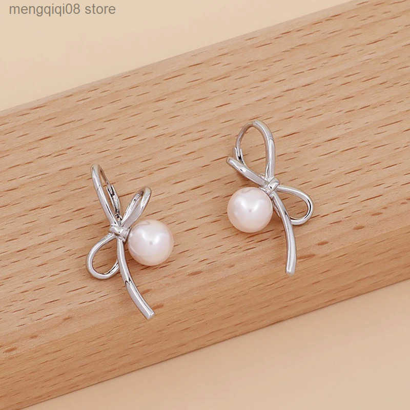 New 925 Sterling Silver Hoop Earrings Bowtie Ribbon Pearl Drop Golden For Women Girl Gift Jewelry Dropshipping Wholesale L250527