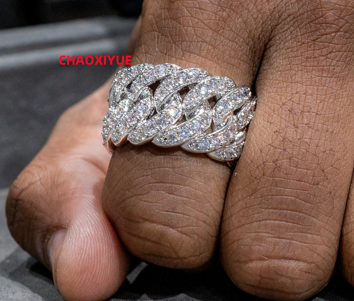 Luxury Custom Hip Hop Jewelry Mens Iced Out Cuban Ring in 925 Solid Silver with Real VVS1 Moissanite Diamonds 18K Gold Plated