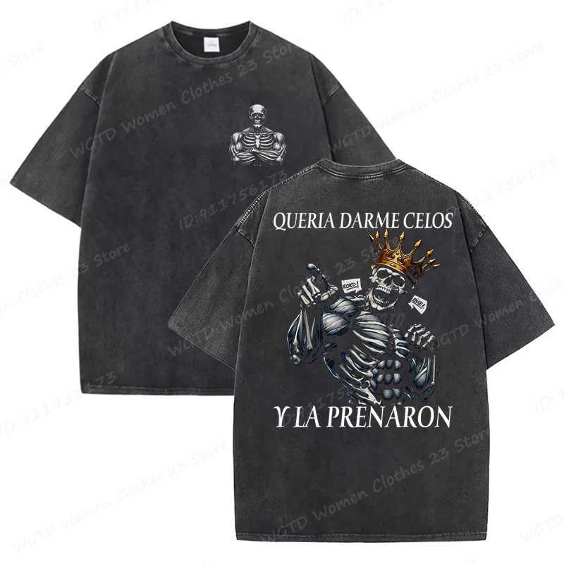 Calacas Chidas Gym Washed T-Shirts Mens Trendy Cool Skeleton Gym Print Oversized T-shirt Summer Tees Streetwear Casual Tops Z250527