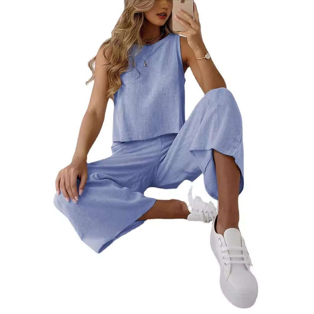 2025 New Cotton Linen Women's Summer Casual Sleeveless Top Wide-leg Pants Two-piece Set