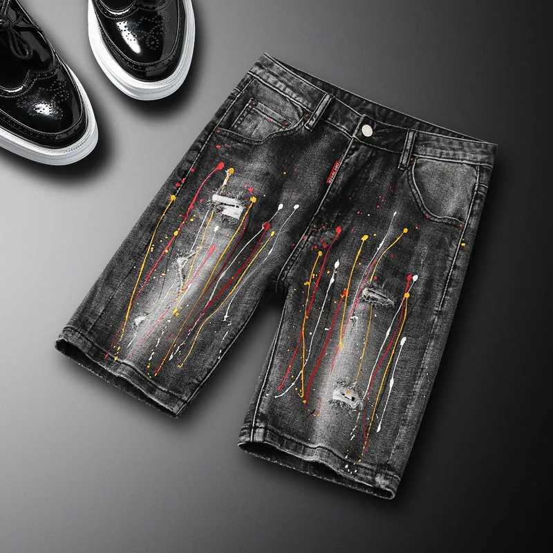 Summer Paint Chipped Denim Shorts for Men American Retro Washed Trendy Rugged and Scratched Five Quarter Pants Z250527