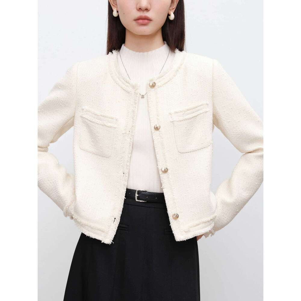 ZIQIAO Petite Size 2 Color Tweed Sequins Jacket Round Neck Short Coats 2024 Autumn New Design Chic Female Beige Coat 24Zq93260