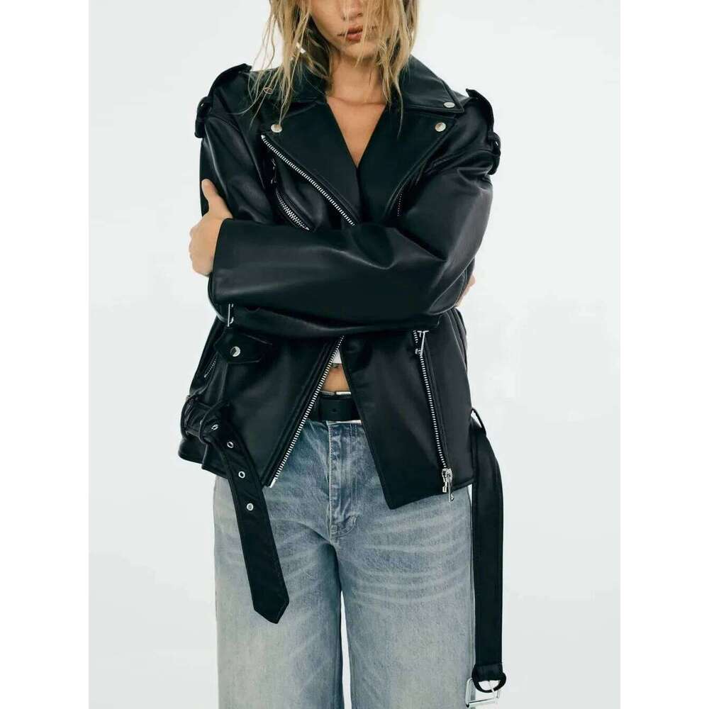 TRAF New Imitation Leather Fall And Winter Lapel Long-Sleeved Pockets With Belt Jacket Women's Fashion Coat