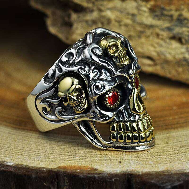 Sier Jewelry Gothic Inlaid Natural Garnent Stone Mens Skull Rings