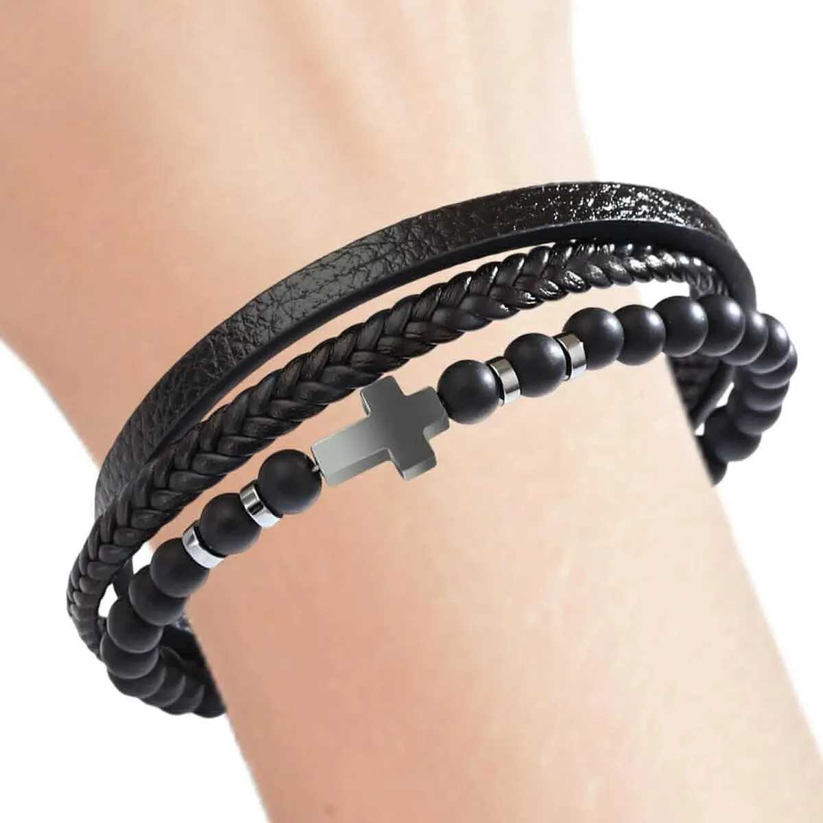 Cross Bracelet Men Multi-Strand Woven Bangle Cuff Wristband Or Birthday Gift for Him W250526