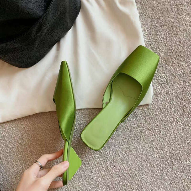 Grape Mom 2025 New Square Toe Satin Triangle Heel Mules Women Summer Outdoor Slippers