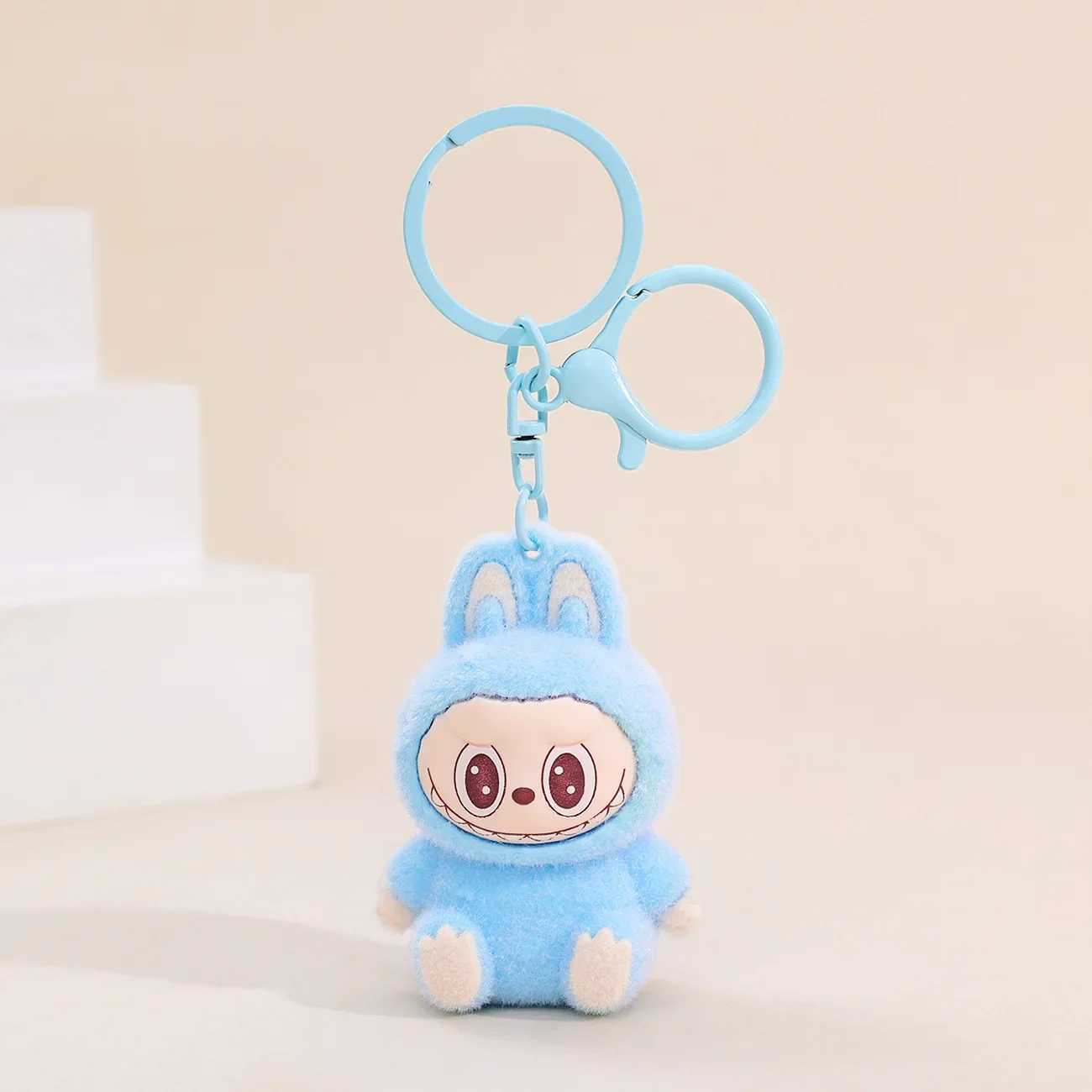 Sitting Labubu Doll Keychain External Implantation Fluff Pvc Toy Phone Ornaments Bag Charms Car Key W250526