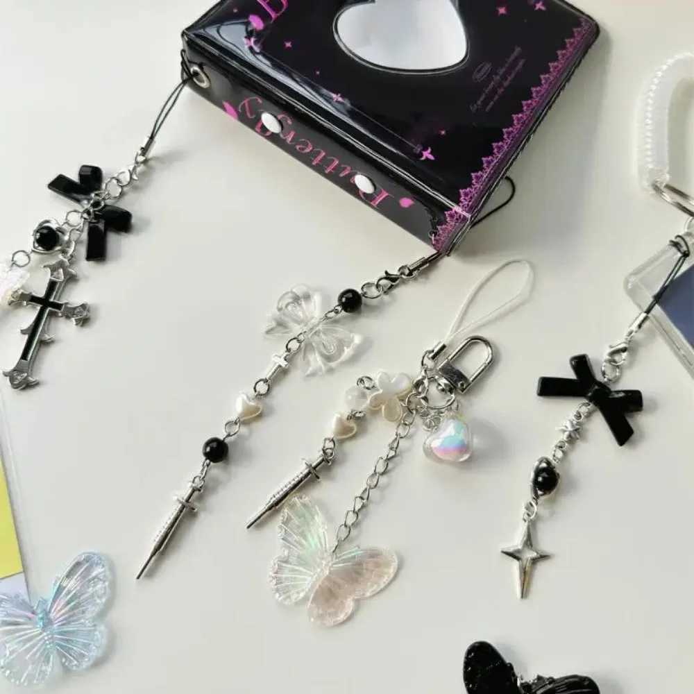 Gothic Butterfly Cross Phone Pendant Keychain Charm Bow Heart Girl Punk Chain Lanyard for IPhone Personality Accessories Gifts W250526