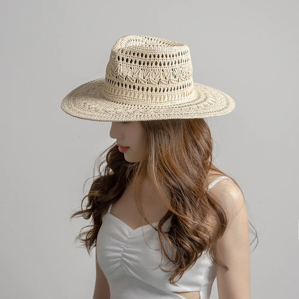 USPOP Fashion casual hand-woven hollow pattern straw hat spring and summer ladies wide brim jazz hat outdoor sun hat 250526