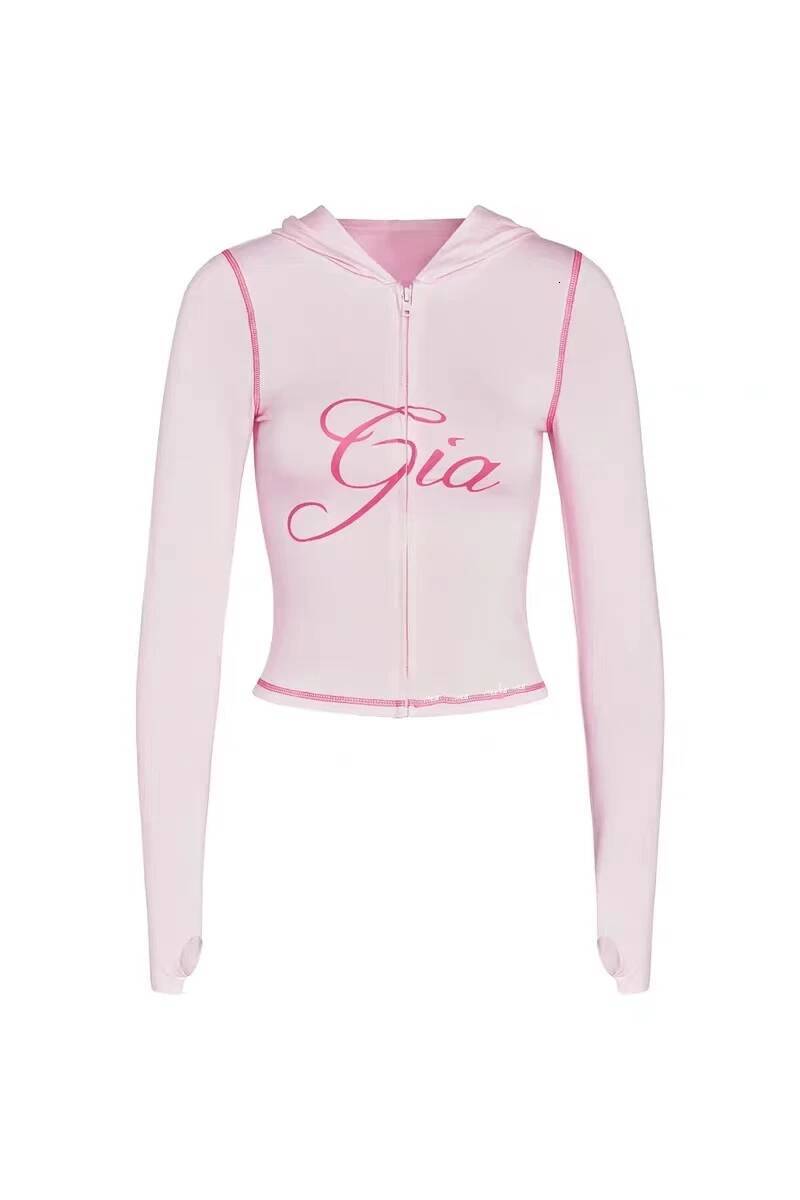 Iamgia Pink Cotton Zipper Hooded Long Sleeved High Stretch Top Low Waist Micro Flared Pants For Women 2024