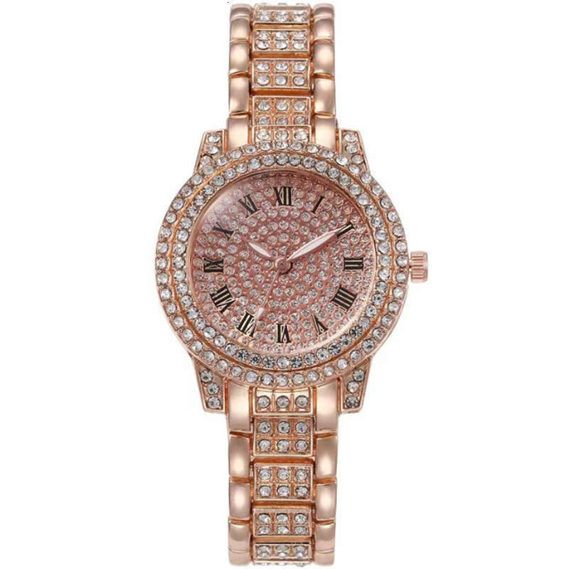 Roman Dial Steel Band Starry Sky Elegant Business Quartz Hip Hop Style Full Diamond Bracelet Watch Set