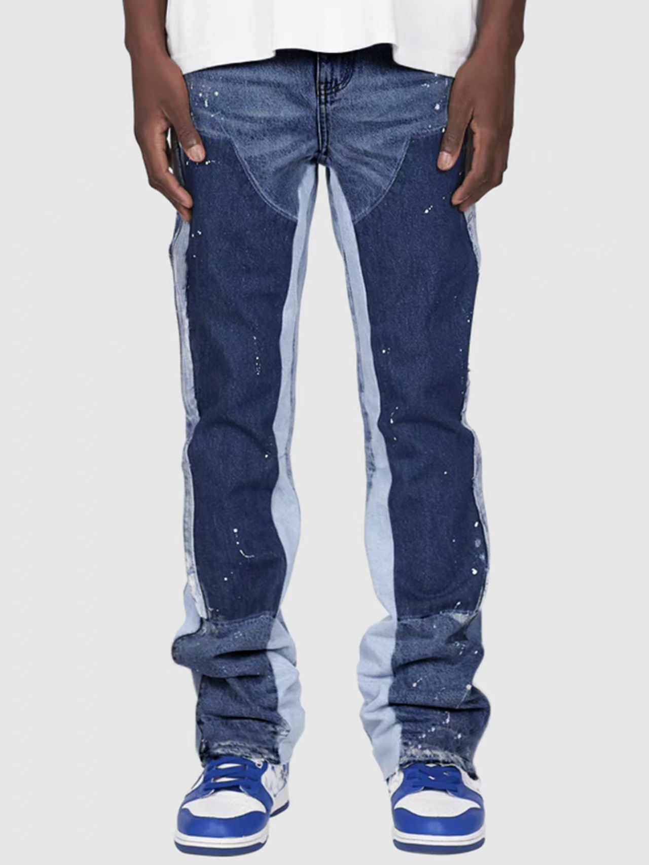 Mens Jeans Cargo Pants European American Fashion Ins Popular Elastic Patched Denim Layered Flared Pants