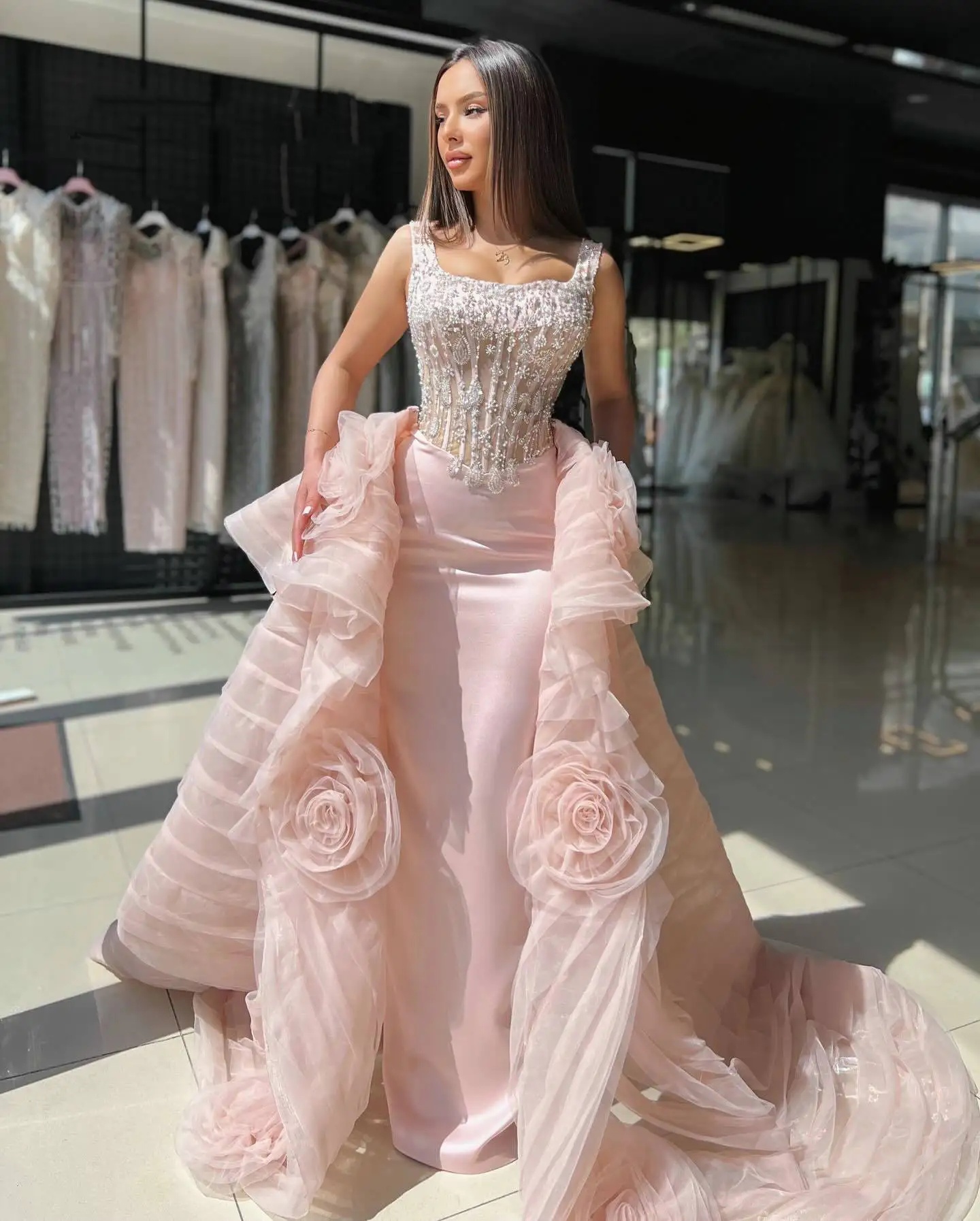 Designer Evening Dresses For Women Square Neck Sleeveless Gown Sequins Detachable Train Dress Party Customized Dress