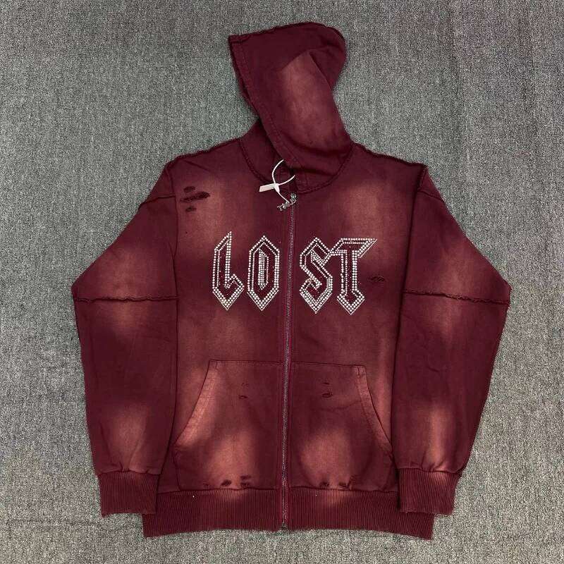 Dia Decorated Zip Hoodie Lost Intricacy New Washed Distressed Loose Sweatshirt Unisex Casual Streetwear Style